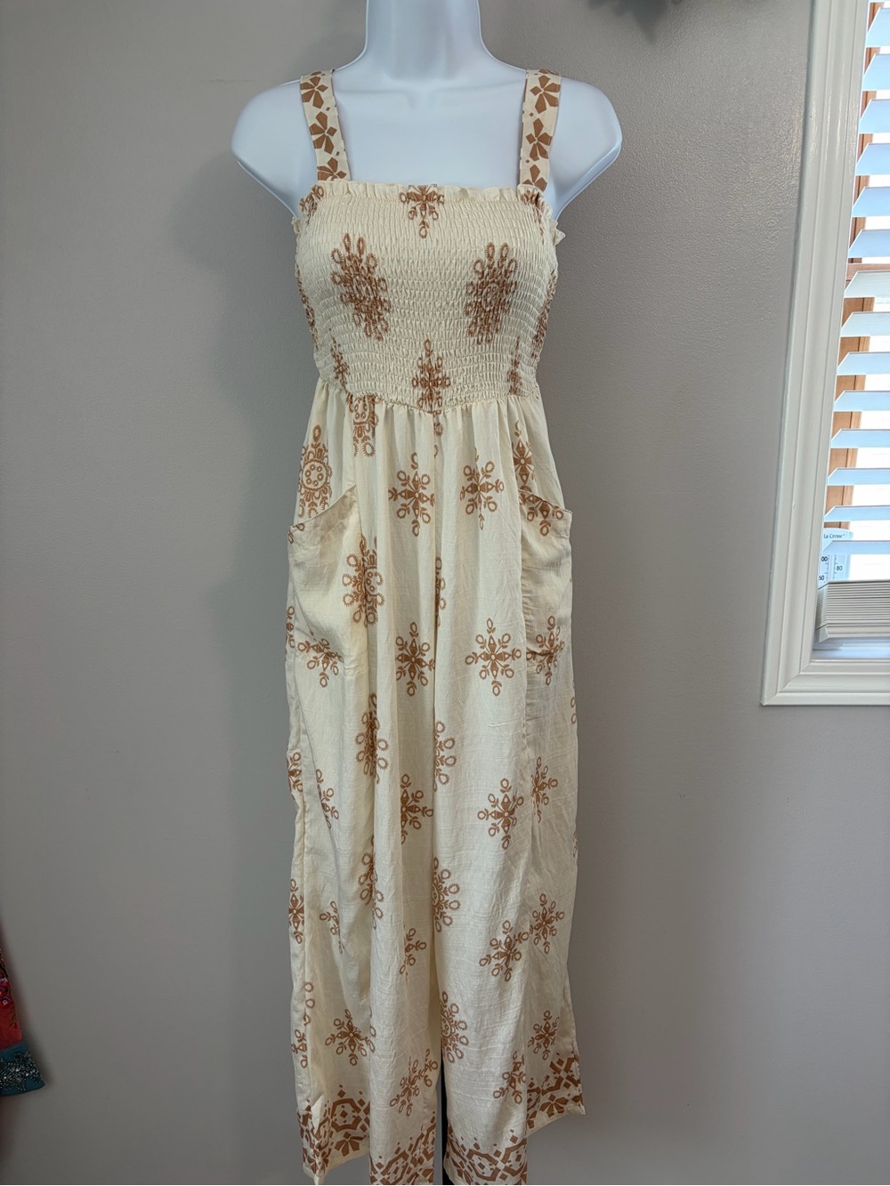 NWT Umgee Cream & Tan Patterned Smocked Jumpsuit